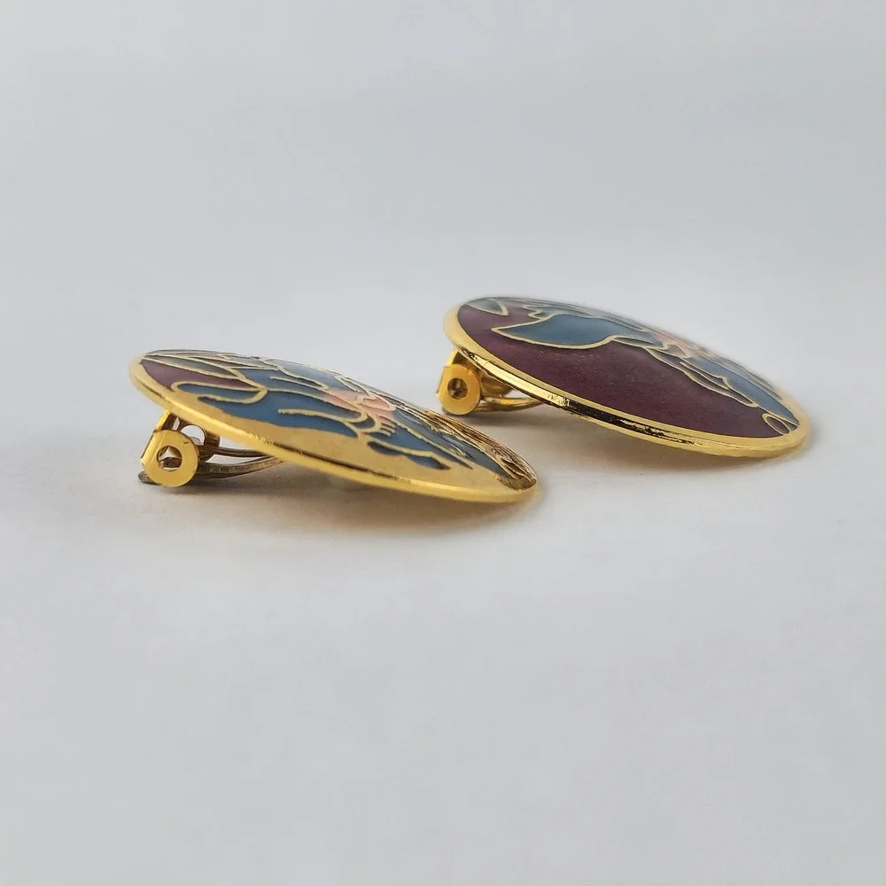 Vintage Cloisonné Iris Flower Clip‎ On Earrings Red Blue Gold Tone Enamel Floral